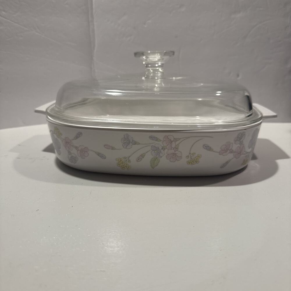 Vtg Corning Ware Pastel Bouquet 2.5 Liter Casserole, A-10-B w/Pyrex Lid A-12-C